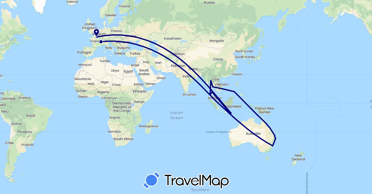 TravelMap itinerary: driving in Australia, Switzerland, France, Indonesia, Philippines, Singapore, Thailand (Asia, Europe, Oceania)